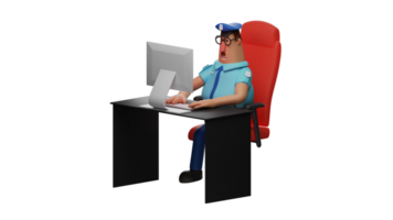 3d illustration. policier 3d dessin animé personnage. le police Sam dans le travail chaise. le police est travail sur le sien affectation sur le sien ordinateur. le police Regardez sérieux. 3d dessin animé personnage png