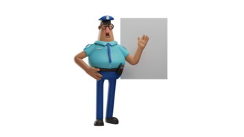 3D illustration. Smart Police 3D cartoon character. The police is giving direction to his members. The charming policeman explains something on the white board. 3D cartoon character png