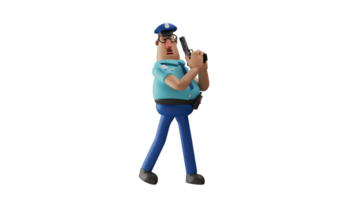 3d ilustração. polícia 3d desenho animado personagem. polícia ficou enquanto segurando dele pistola. polícia é preparando para tiro usando uma pistola. encantador polícia é ótimo dentro carregando Fora dele obrigações. 3d desenho animado personagem png