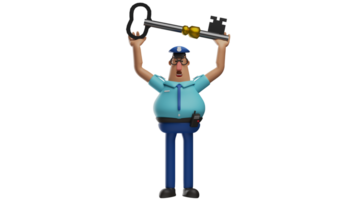 3D Illustration. The Handsome Police 3D cartoon character. The police stood up while lifting the giant key using both hands. The police will open something. 3D cartoon character png