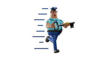 3D Illustration. Active Police 3D cartoon character. The police with a pose ran while carrying a key to a place. The nimble police were very eager to hand over the key he found. 3D cartoon character png