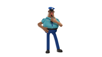 3D illustration. Handsome Police 3D Cartoon Character. The police is talking to someone via handie talky. Police work seriously to maintain security. 3D Cartoon Character png
