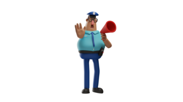 3D illustration. Policeman 3D cartoon character. The stern policeman was speaking using a loudspeaker. Policeman is making an announcement to his men. Police on duty. 3D cartoon character png