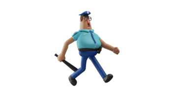 3d illustration. mignonne police 3d dessin animé personnage. le police marchait mine de rien tandis que en riant Heureusement. police porter Sécurité matraques lorsque garde le zone. 3d dessin animé personnage png