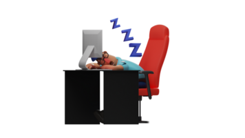 3d ilustración. el soñoliento policía 3d dibujos animados personaje. el policía cayó dormido a su escritorio. el policía Mira agotado y dormir en frente de el computadora. el policía es relajado. 3d dibujos animados personaje png