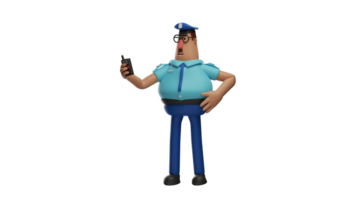 3D illustration. Dashing Police 3D Cartoon Character. Police is on duty on the road. Policeman holds a handy talkie as a means of communication with his friends. 3D Cartoon Character png