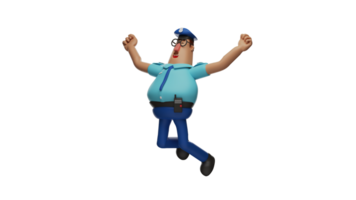 3D illustration. Happy Police 3D Cartoon Character. The policeman jumped high while stretching his arms up. The policeman laughed and showed his happy expression. 3D Cartoon Character png