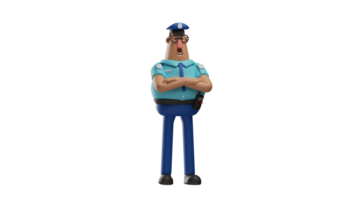 3D illustration. Charming Police 3D Cartoon Character. The police stood with his arms crossed. The police is watching something closely. Handsome policeman wearing a blue uniform. 3D Cartoon Character png