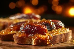 Saudi Arab Dates toast, macro shot of a fresh breakfast with Dripping Honey, AI Generated photo