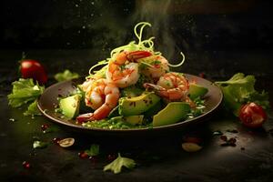 Plate of shrimp with lemon wedges on the side , Generative AI photo