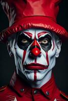 espantoso Víspera de Todos los Santos payaso, retrato de un siniestro traje rojo bufón, ai generado foto