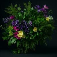 Beautiful bouquet of flowers on black background. Studio shot. Generative AI photo