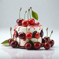 Cake with Cherry Decoration on White Background, AI Generated photo