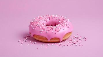 Bitten pink icing donut with marshmallows on pink background, AI Generated photo