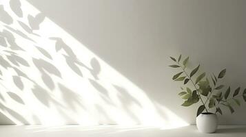 Abstract background with blurred leaf shadows on white wall perfect for product presentation, AI Generated photo