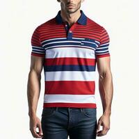 polo camisa rojo a rayas azul corto manga para hombres pasaporte foto en blanco fondo, ai generado