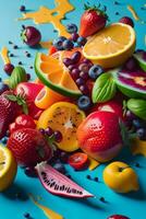 Fruta ensalada derramar un lío de vibrante colores y texturas, ai generado foto