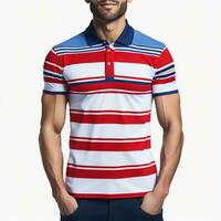 Polo Shirt Red Striped Blue Short Sleeve for Men Passport Photo on White Background, AI Generated