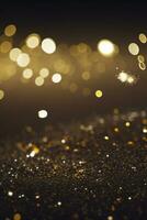 Golden Glitter Lights on Dark Background, Abstract Sparkle Particle Bokeh, AI Generated photo