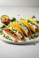 Tasty Tacos on White Background, AI Generated photo