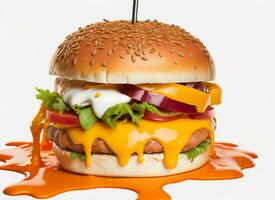 Delicious Burger with Tasty Ingredients and Cheesy Splash Sauce on White Background, AI Generated photo