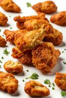 Fried Chicken Delight, Crispy and Golden on a White Background, AI Generated photo