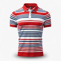 polo camisa rojo a rayas azul corto manga para hombres - pasaporte foto en blanco fondo, ai generado