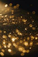 Golden Glitter Lights on Dark Background, Abstract Sparkle Particle Bokeh, AI Generated photo