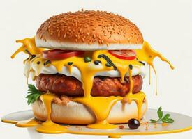 Delicious Burger with Tasty Ingredients and Cheesy Splash Sauce on White Background, AI Generated photo