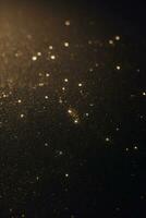 Golden Glitter Lights on Dark Background, Abstract Sparkle Particle Bokeh, AI Generated photo