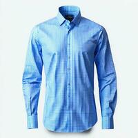 Formal Men's Sky Blue Check Shirt on White Background - Classic and Sophisticated Attire, AI Generated photo