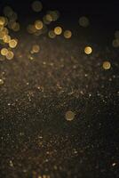 Golden Glitter Lights on Dark Background, Abstract Sparkle Particle Bokeh, AI Generated photo