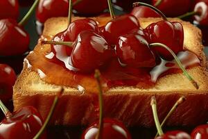 cherry toast, macro shot of a fresh breakfast with Dripping Honey, AI Generated photo