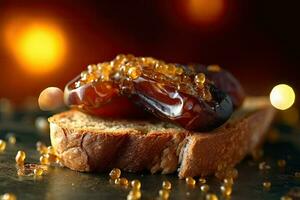 Saudi Arab Dates toast, macro shot of a fresh breakfast with Dripping Honey, AI Generated photo