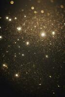 Golden Glitter Lights on Dark Background, Abstract Sparkle Particle Bokeh, AI Generated photo