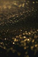 Golden Glitter Lights on Dark Background, Abstract Sparkle Particle Bokeh, AI Generated photo