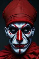 Terrifying Halloween Clown, Portrait of a Sinister Red-Suited Jester, AI Generated photo