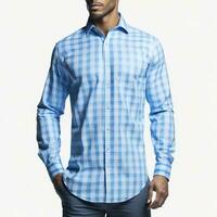 Formal Men's Sky Blue Check Shirt on White Background, Classic and Sophisticated, AI Generated photo