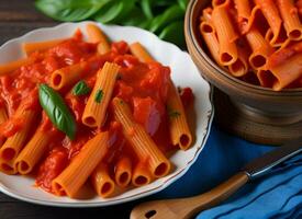 Penne Pasta with Tomato Sauce, Chicken, and Tomatoes on Wooden Table, AI Generated photo