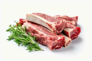 Lamb Ribs meat and herbs isolated on white, Generative AI photo