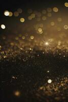 Golden Glitter Lights on Dark Background, Abstract Sparkle Particle Bokeh, AI Generated photo