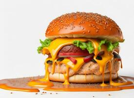 Delicious Burger with Tasty Ingredients and Cheesy Splash Sauce on White Background, AI Generated photo