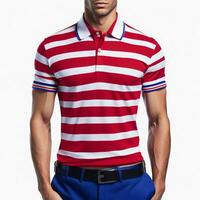 polo camisa rojo a rayas azul corto manga para hombres pasaporte foto en blanco fondo, ai generado