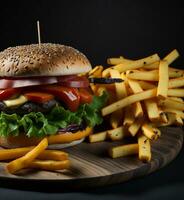 Delicious Beef Burger and French Fries with Melting Cheeses on Wooden Table,  AI Generated photo