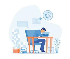 Stress in the office. Tired and agitated office worker clutching his head among piles of papers and documents. flat vector modern illustration