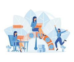 Low Stress level, good mood indicator. Energetic business woman working at table with computer. Mentally healthy employee. flat vector modern illustration