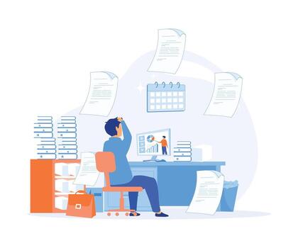 Man overwork in office, Manager sitting at computer desk with stack of documents. flat vector modern illustration