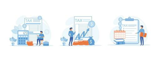 Tax preparation concept. Corporate tax, taxable income, fiscal year, document preparation, payment planning. set flat vector modern illustration