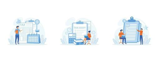 Taxation planning concept. Characters using tax calendar to filling tax declaration form online and with financial advisor. set flat vector modern illustration