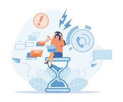 Stress in the office. Rush work. Deadline. Tired and annoyed business woman sitting on an hourglass and clutching her head. flat vector modern illustration